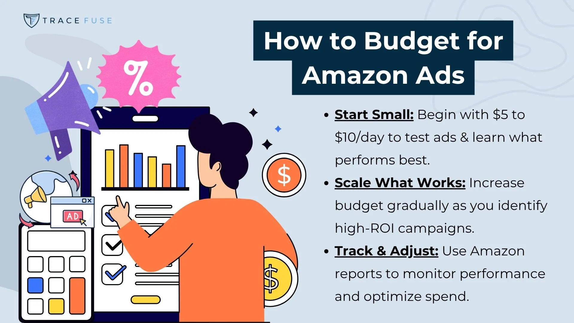 A person analyzes data on a large screen with colorful bar charts, currency symbols, and a pink percentage icon. Text gives tips on budgeting for amazon ads: start small, scale what works, and track and adjust spending.