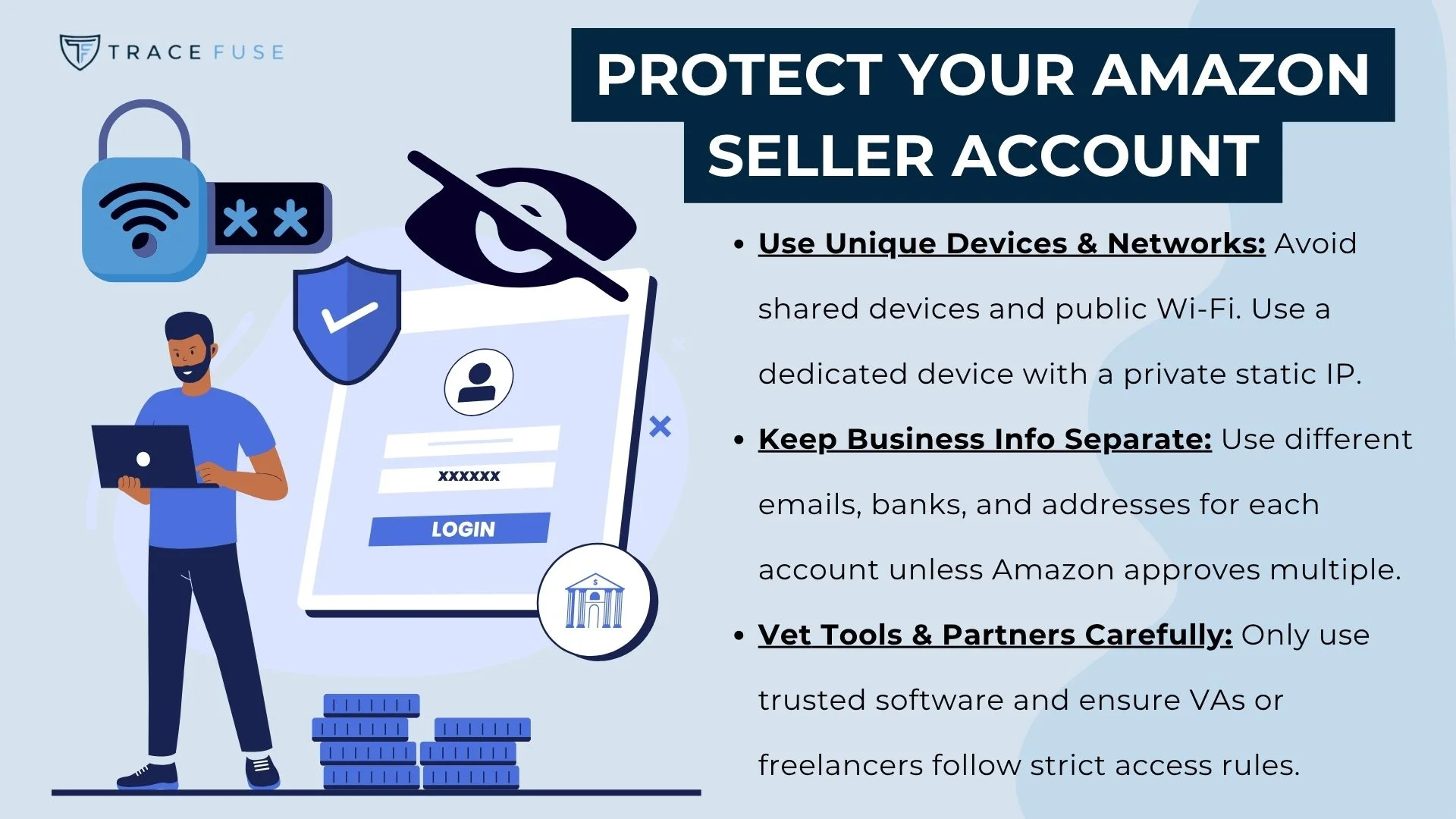 A digital graphic titled protect your amazon seller account lists three tips with icons: use unique devices and networks, keep business info separate, and vet tools and partners carefully. An illustrated person holds a shield by a login screen.