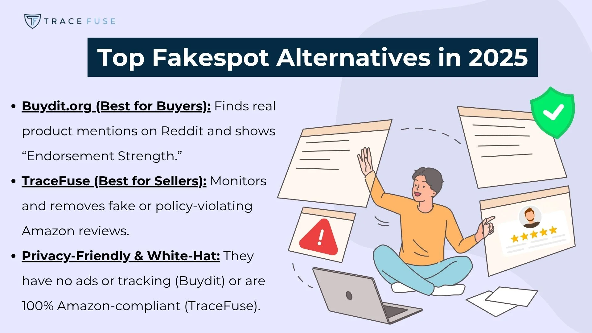 An illustration of a person sitting on the floor with a laptop, pointing to floating review cards. Text highlights top fakespot alternatives in 2024 and describes buydit. Org and tracefuse. Io with their key features for buyers and sellers.