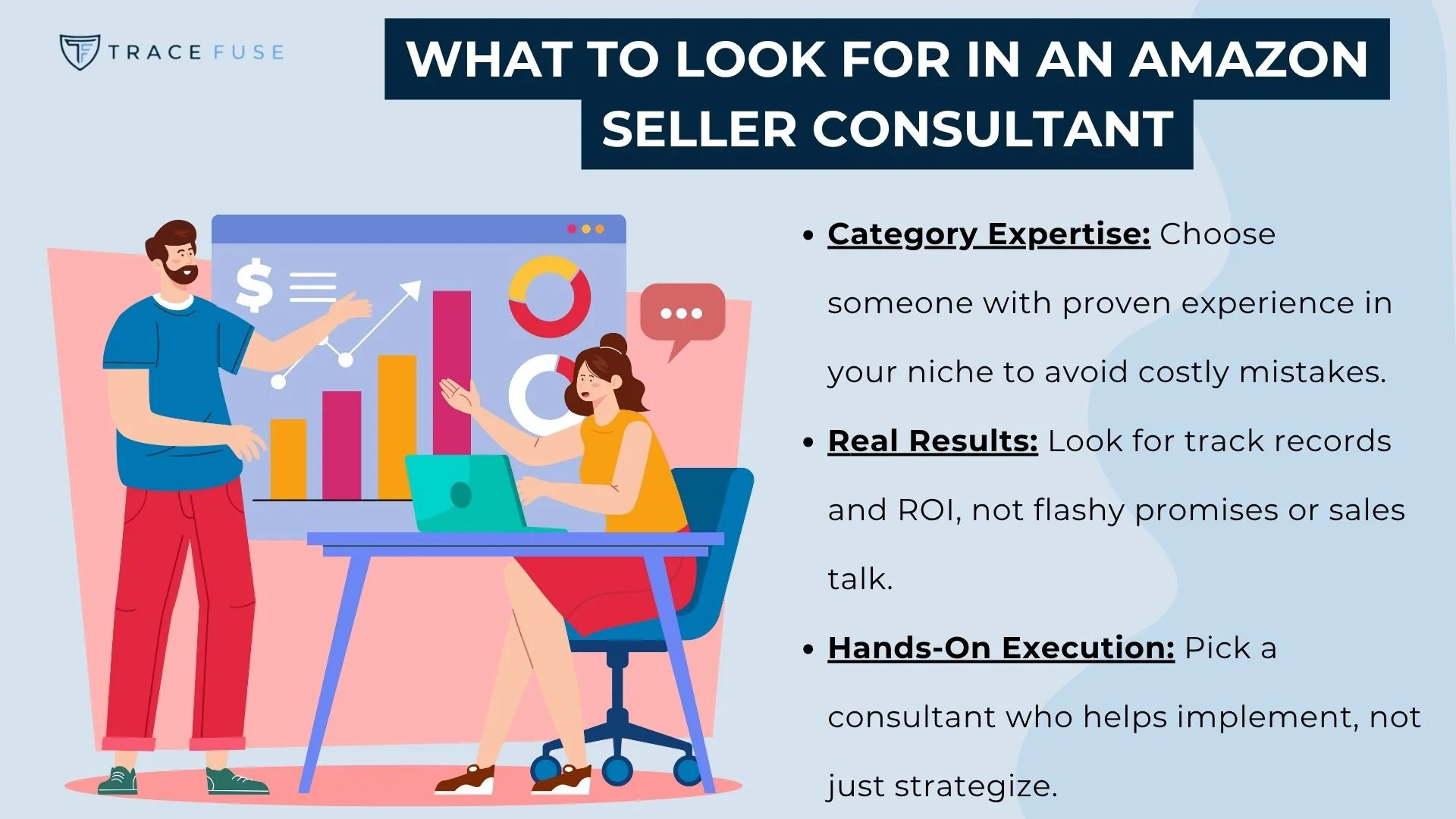 Two people discuss data in an office with charts on a screen. Text highlights what to look for in an amazon seller consultant: category expertise, real results, and hands-on execution.