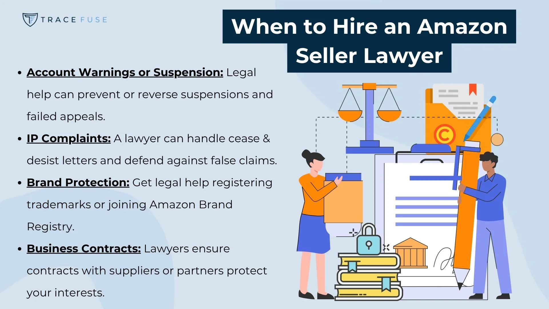 An illustrated woman points to a checklist beside legal symbols like scales, a gavel, and law books. Text lists reasons to hire an amazon seller lawyer, including suspensions, ip complaints, brand protection, and contracts.