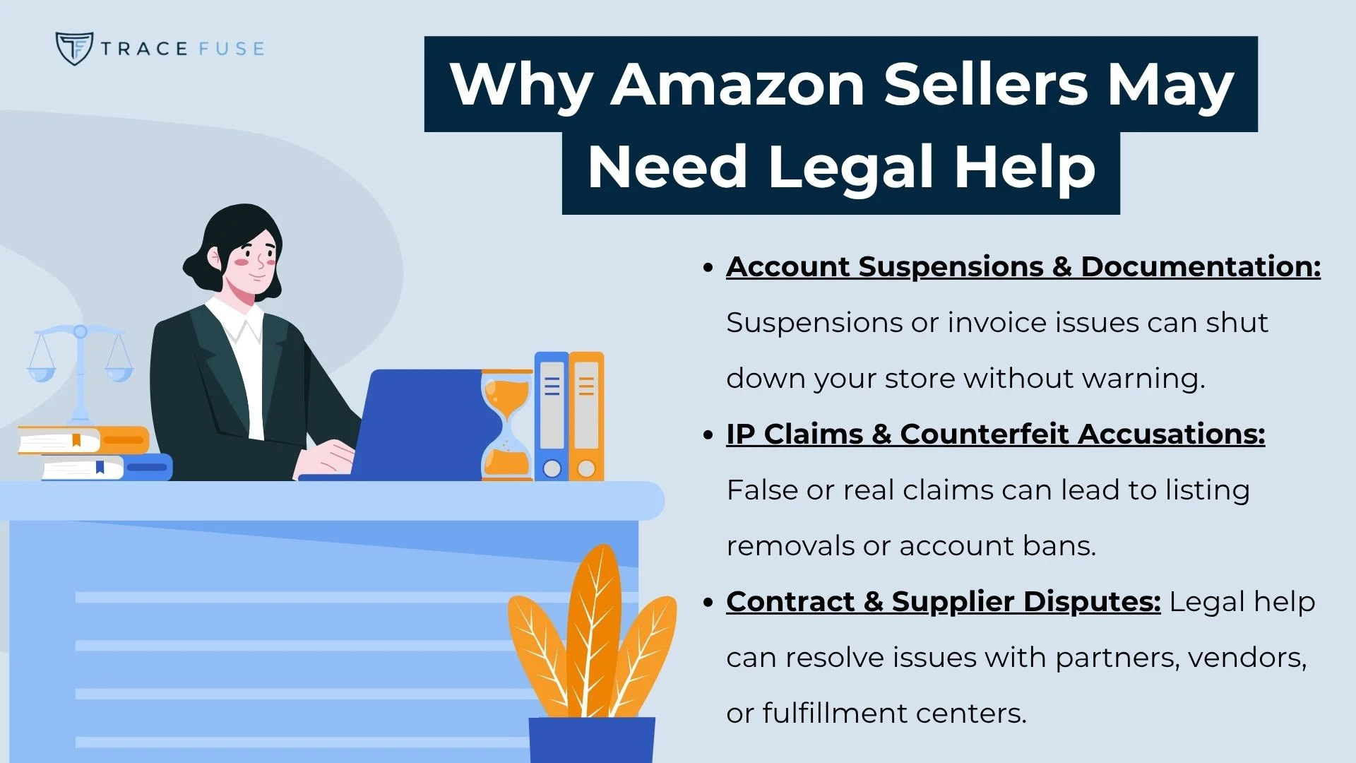 An illustration of a woman in business attire working on a laptop at a desk, with office items like a clock and books. To the right, text explains why amazon sellers may need legal help, listing account, ip, and contract issues.