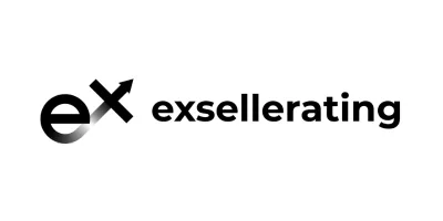 Logo for exsellerating. The letters e and x are stylized, with the x forming an upward-pointing arrow, followed by the word exsellerating in bold black text.