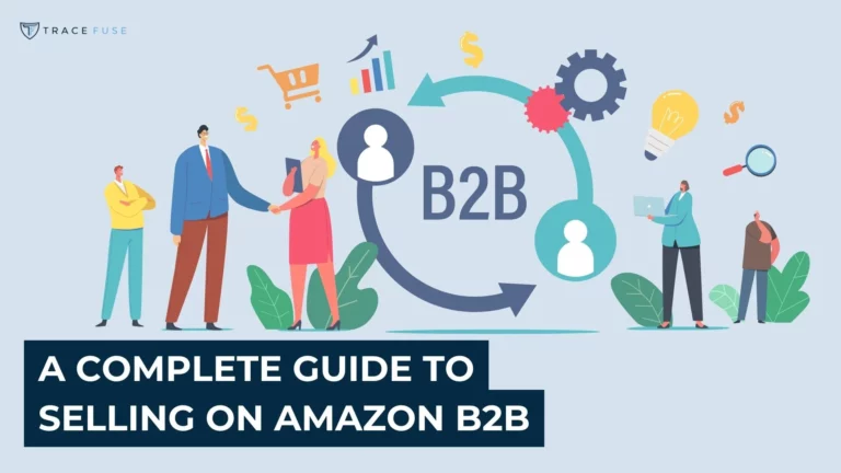 Illustration of businesspeople shaking hands, gears, arrows, and icons representing business concepts, with text reading a complete guide to selling on amazon b2b on a blue banner.