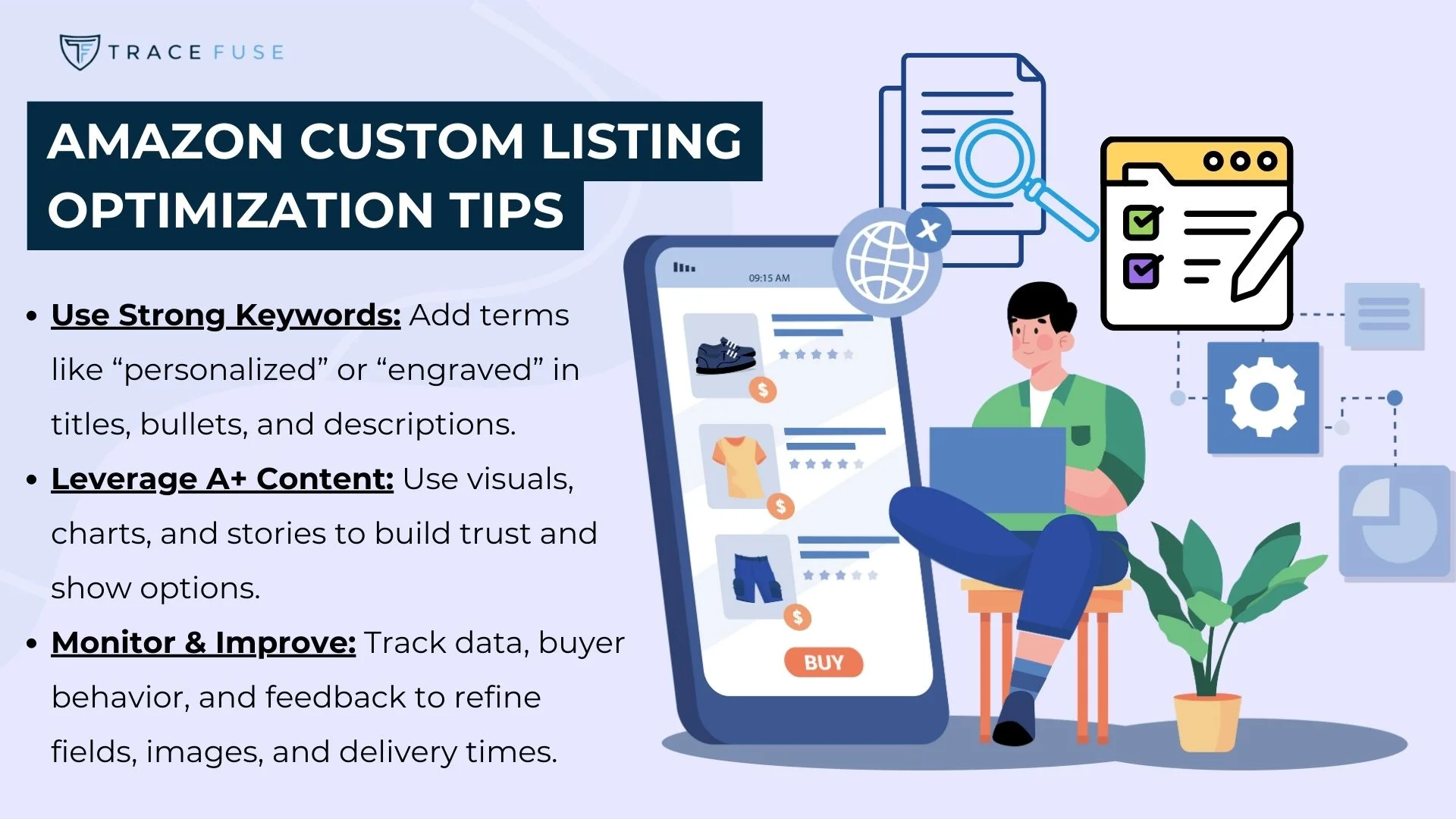 An illustrated graphic titled amazon custom listing optimization tips shows a man with a laptop beside a large smartphone displaying a shopping app. Text provides tips on keywords, content, improvement, and motivation, with relevant icons.