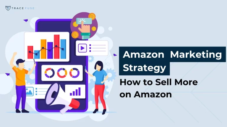 A woman stands by a large screen displaying charts, graphs, and marketing icons. Text reads: amazon marketing strategy: how to sell more on amazon. A megaphone and coins are also shown.