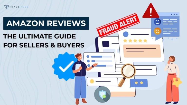 Illustration of people interacting with amazon reviews, stars, and rating icons. Text reads amazon reviews: the ultimate guide for sellers & buyers with fraud alert and warning symbols included.