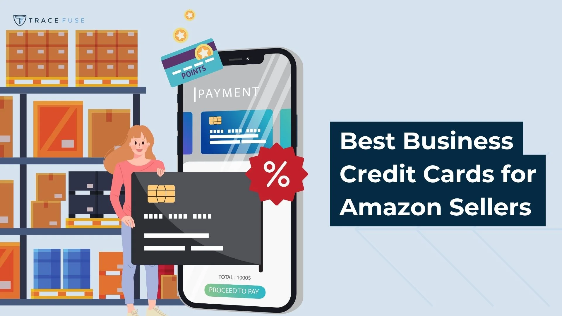 Illustration of a woman standing by boxes and holding a large credit card in front of a smartphone screen showing a payment page. Text reads Best Business Credit Cards for Amazon Sellers.