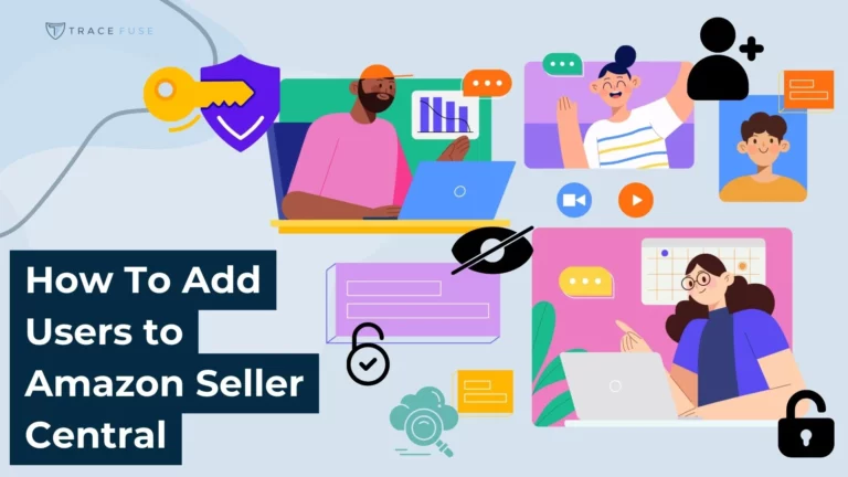 A colorful illustration shows three people using laptops, charts, and icons, with the text “how to add users to amazon seller central” on the left. Security and cloud-related graphics are also included.