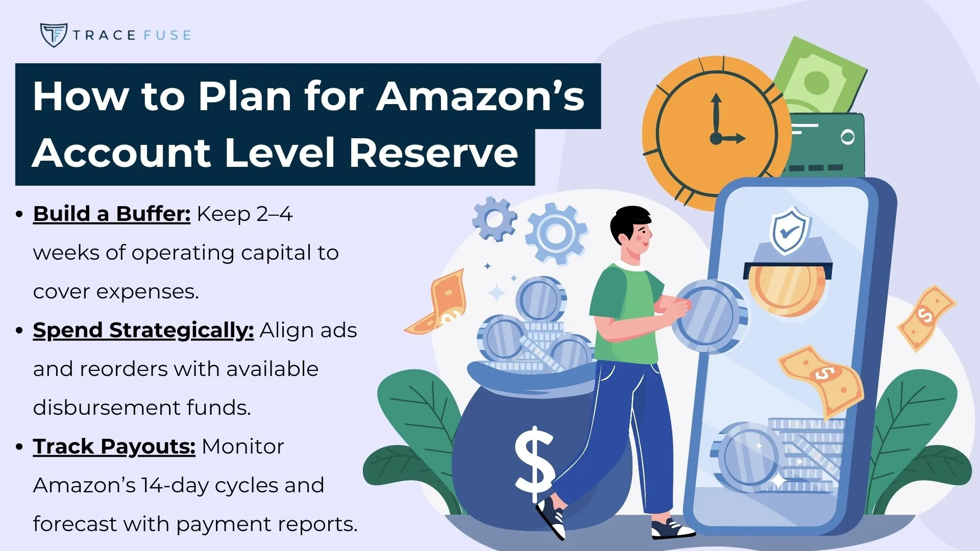 An illustrated guide shows tips for planning amazon’s account level reserve: building a buffer, spending strategically, and tracking payouts. A person manages coins and charts, with clocks and gears in the background for financial planning.