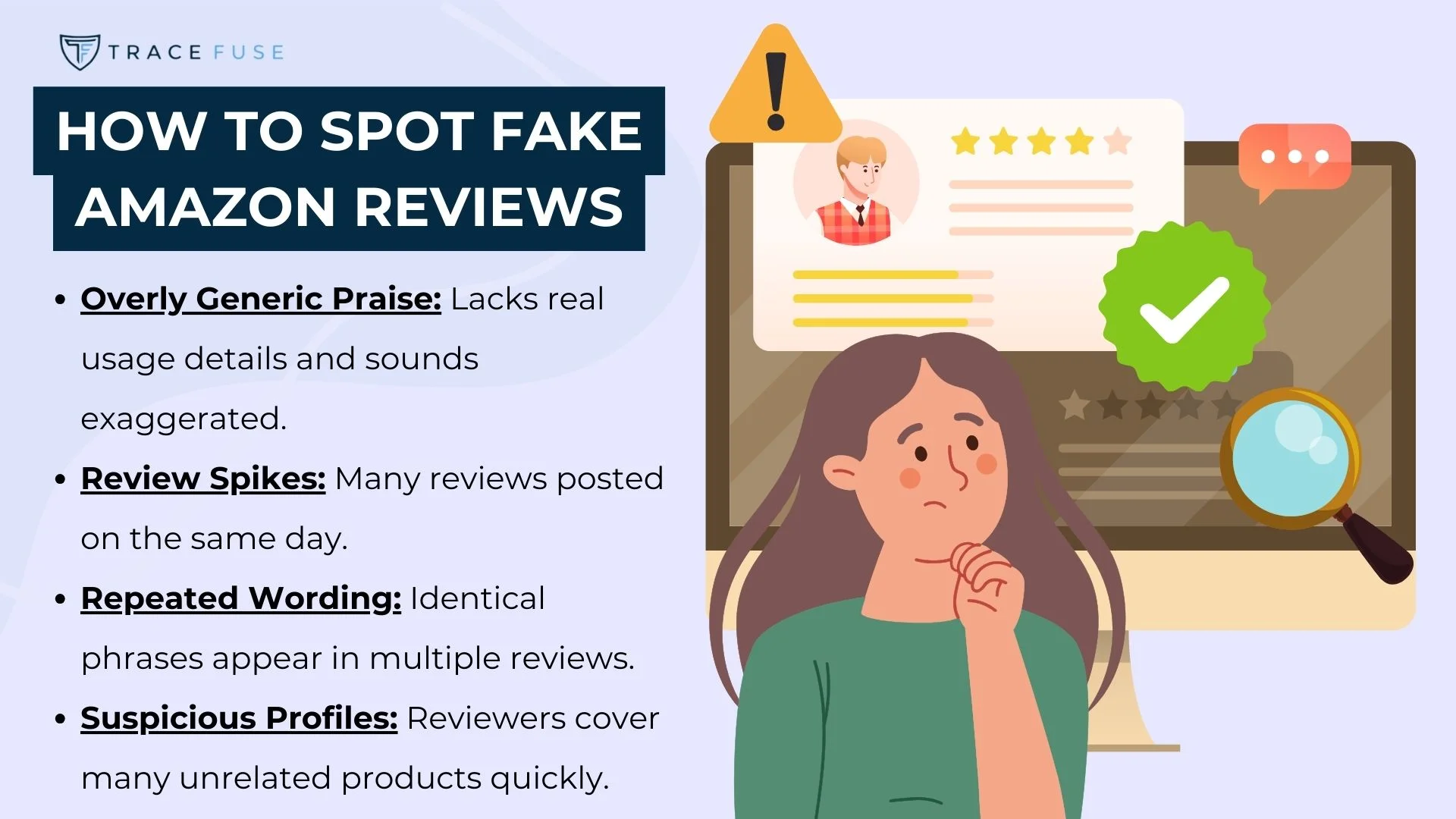 An infographic titled how to spot fake amazon reviews lists signs such as overly generic praise, review spikes, repeated wording, and suspicious profiles. A concerned woman looks at a computer screen showing reviews.