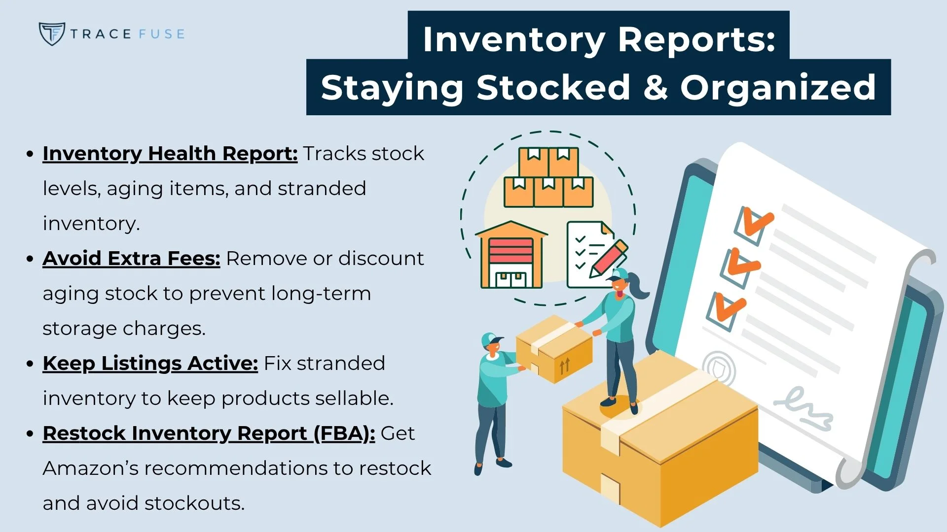 An infographic titled inventory reports: staying stocked & organized shows people handling boxes, a clipboard with a checklist, and icons of inventory. It lists tips for managing inventory and optimizing stock levels.