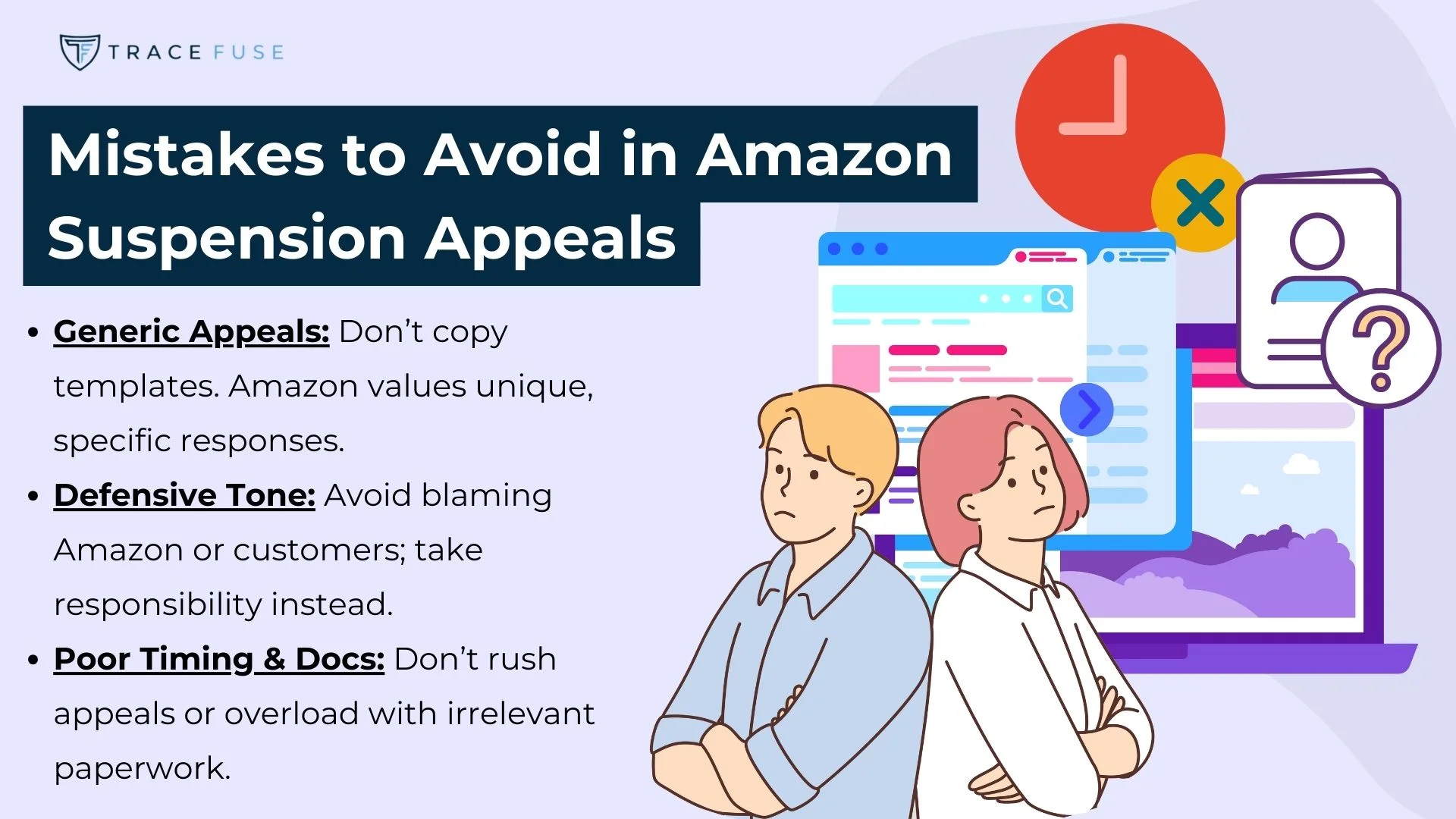 Two people stand back-to-back looking frustrated in front of a large clock and a computer screen. Text lists mistakes in amazon suspension appeals: generic appeals, defensive tone, and poor timing or overloaded documents.