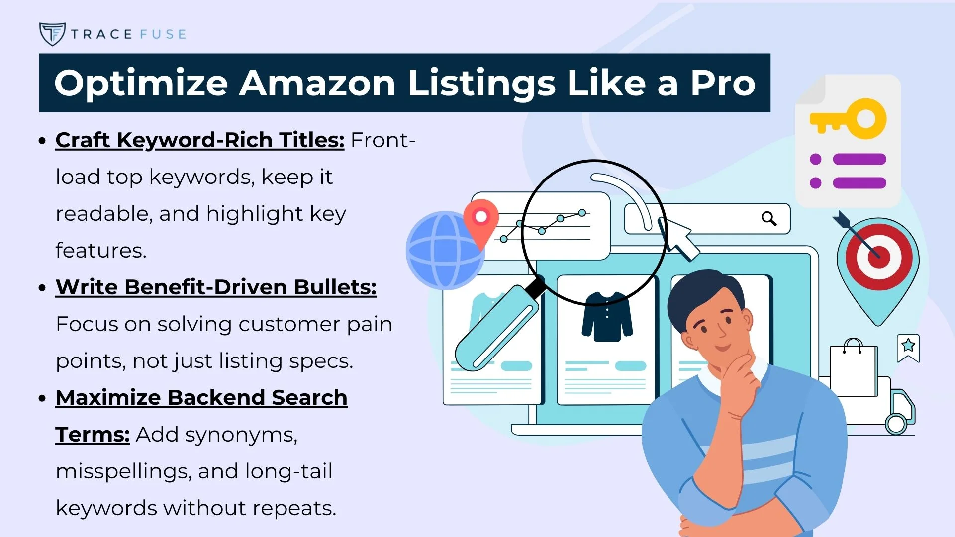 A man thinks in front of a computer displaying clothing items. Text tips for optimizing amazon listings appear beside him, including crafting keyword-rich titles, writing benefit-driven bullets, and maximizing backend search.
