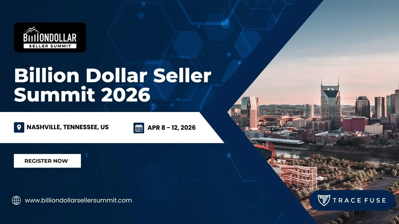 Promotional banner for the Billion Dollar Seller Summit 2026, showing Nashville, Tennessee’s skyline. Event details: Nashville, April 8–12, 2026. Includes “Register Now” button and summit website link.