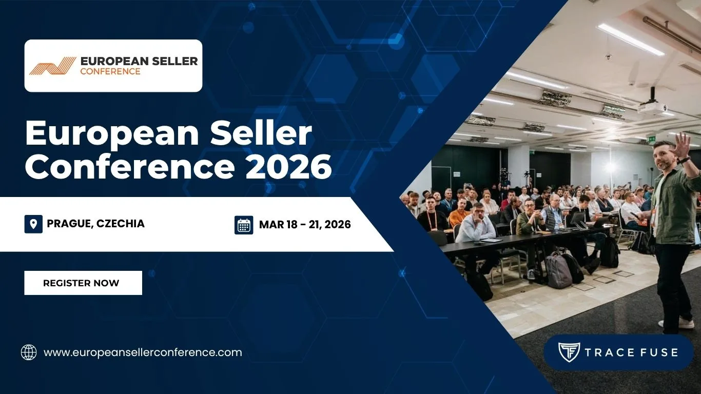 Banner for the European Seller Conference 2026, with event details: Prague, Czechia, March 18–21, 2026. Includes a photo of a speaker addressing an audience and a Register Now button.