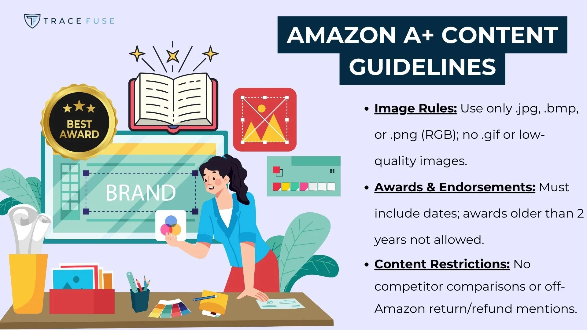 A woman at a desk designing brand content, surrounded by art supplies and digital elements. Text on the image lists guidelines for amazon a+ content, including image rules, awards, and content restrictions.