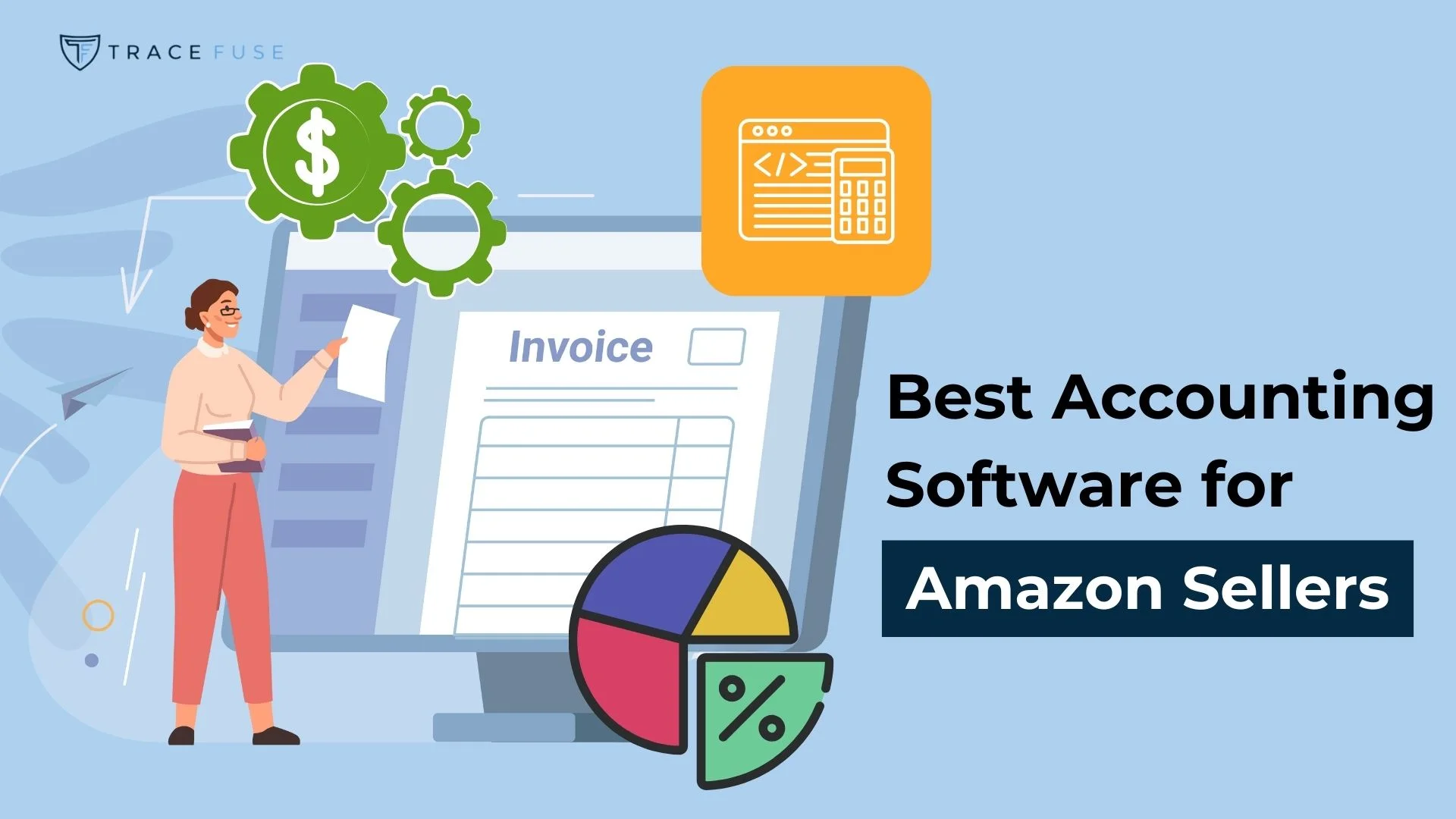 A person points at an invoice on a computer screen with icons of gears, a dollar sign, a pie chart, and a web page. Text reads: Best Accounting Software for Amazon Sellers.