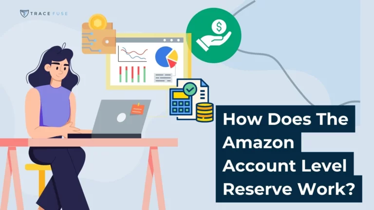 A woman sits at a desk using a laptop, with financial charts, a calculator, and money icons in the background. Text reads, how does the amazon account level reserve work?.