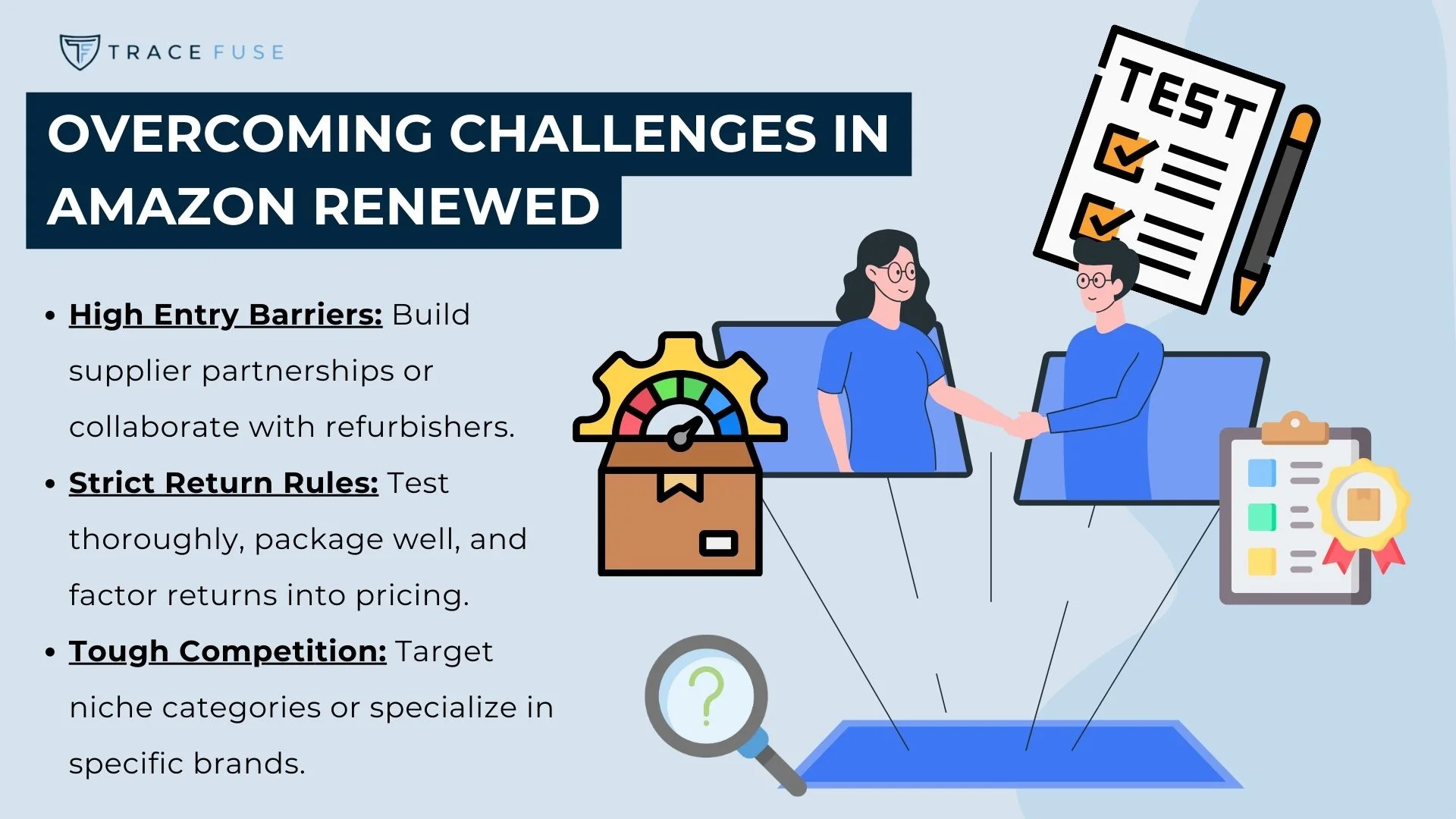 An infographic titled overcoming challenges in amazon renewed lists three tips, showing illustrated figures shaking hands, a checklist, a package with a gauge, and a target. Each tip is paired with a small icon.