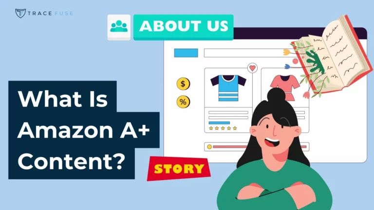 Illustration of a smiling woman in front of a computer screen displaying an online clothing store. Text reads, “what is amazon a+ content? ” with story and about us labels. Shopping and document icons are included.