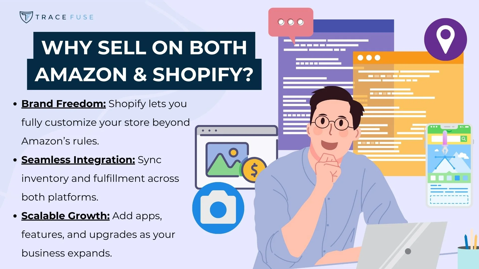 An illustrated man with glasses sits at a laptop, surrounded by icons and charts. Text reads: why sell on both amazon & shopify? And lists benefits: brand freedom, seamless integration, and scalable growth.