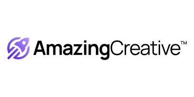 Logo with a purple rocket icon on the left and the words AmazingCreative™ in black text on the right.