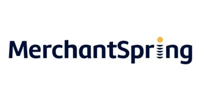 The image shows the MerchantSpring logo with the text MerchantSpring. The dot above the i in Spring is stylized with curved lines below it, resembling a spring.