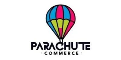 Logo for Parachute Commerce featuring a colorful hot air balloon with blue, pink, and yellow sections above the company name in bold black letters. Parachute is large, and Commerce is below in smaller text.