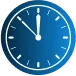 A blue clock face with white markings shows the time as 11:55, with the minute hand on 11 and the hour hand near 12.