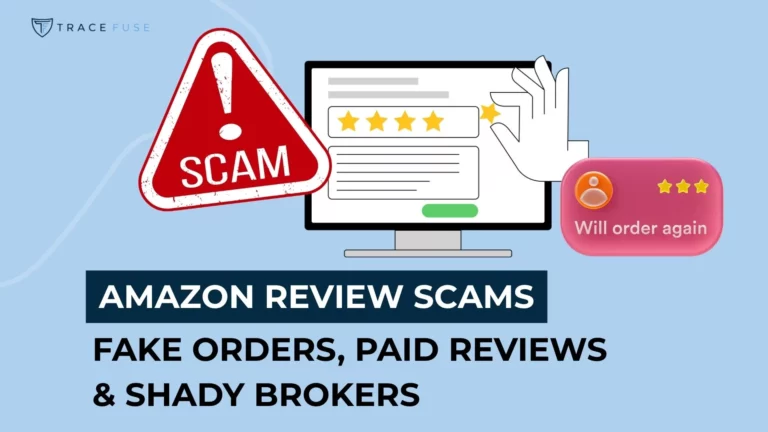 A warning sign labeled scam appears next to a computer screen showing a fake five-star review, with the text: amazon review scams—fake orders, paid reviews & shady brokers.