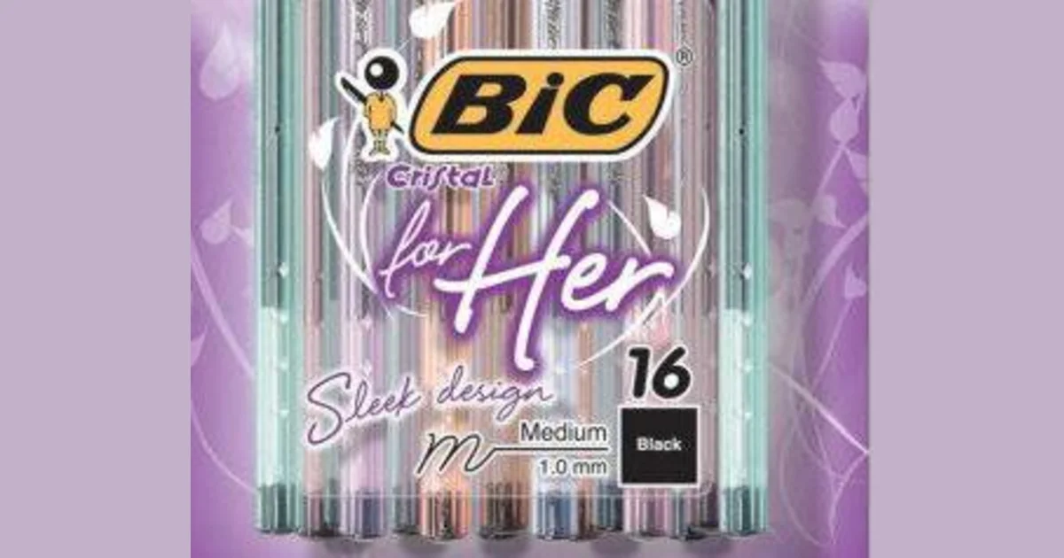 A package of bic cristal for her pens with a purple background, floral patterns, and the text sleek design, medium 1. 0 mm, 16, and black on the front.