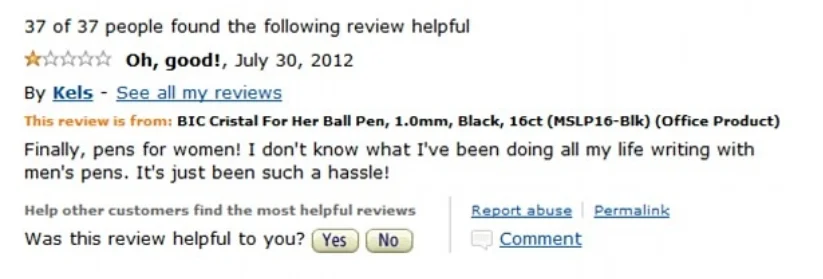 A sarcastic online review rates a pen for her one star, jokingly celebrating the discovery of a womans pen and mocking the idea that using mens pens was a hassle. Yes and no helpfulness buttons are visible below.