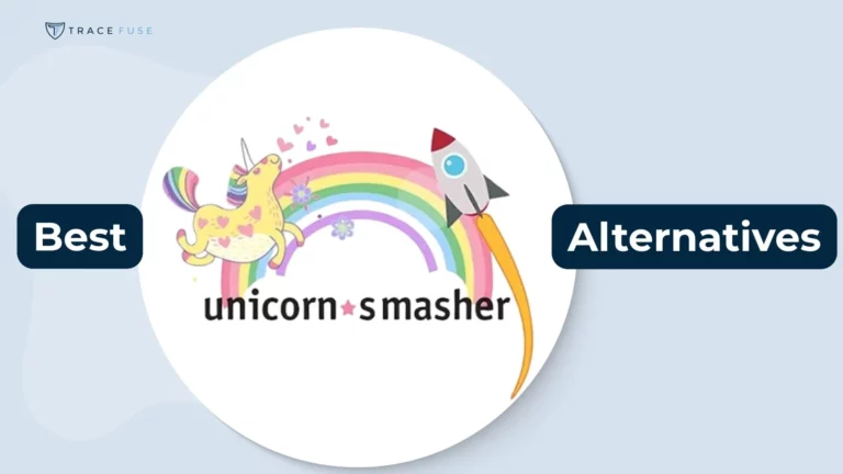 A colorful illustration of a unicorn and a rocket over a rainbow, with hearts and stars, next to the text unicorn smasher. On a blue background, there are dark blue rounded rectangles with the words best alternatives.