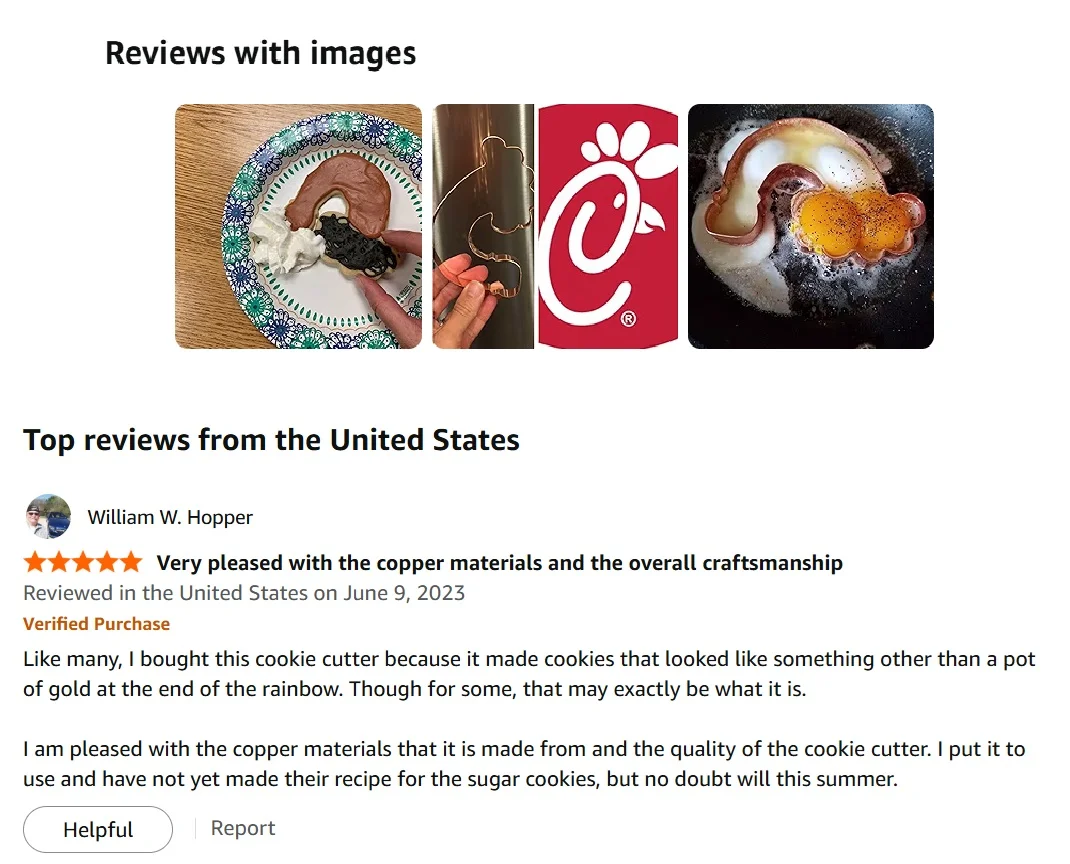 Three images are shown: a cookie cutter on a chocolate frosted dessert, a cookie shaped like the chick-fil-a logo, and a fried egg made in the same shape. Below is a five-star review praising the cookie cutter’s material and quality.