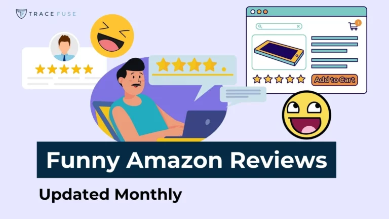 A person at a laptop leaves star ratings, surrounded by laughing emojis, review stars, and an online shopping cart. Text reads: “funny amazon reviews. Updated monthly. ”.