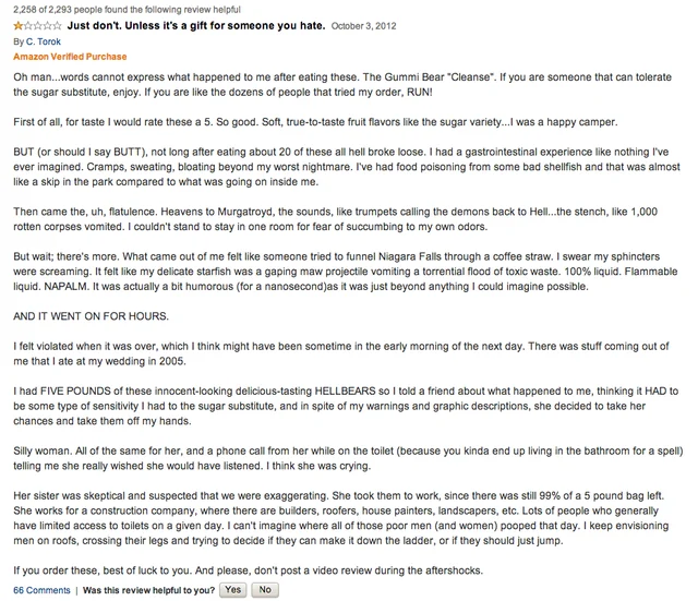 Screenshot of an amazon review titled just dont. Unless its a gift for someone you hate, describing a humorous and exaggeratedly negative experience after eating sugar-free gummy bears, warning readers not to try them due to severe digestive distress.