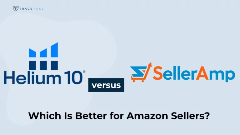 Logos for helium 10 and selleramp with the word versus between them, and the text which is better for amazon sellers? Displayed below on a light background.