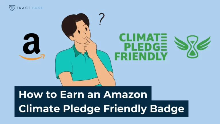 Illustration of a person thinking, with amazon logo, climate pledge friendly text, and an eco-friendly badge. Text reads: how to earn an amazon climate pledge friendly badge.