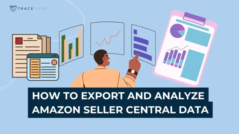 A person reviews charts and graphs on floating screens, with the text how to export and analyze amazon seller central data displayed across the image.