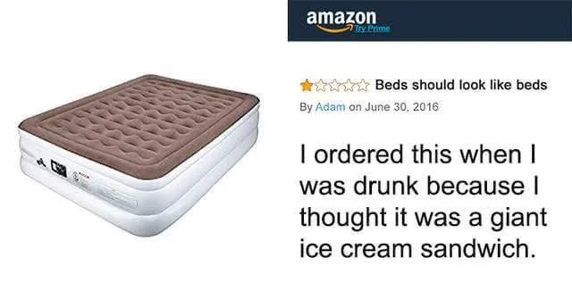 A screenshot of an amazon review showing an inflatable mattress that resembles an ice cream sandwich, with the reviewer saying they ordered it while drunk, thinking it was a giant ice cream sandwich.