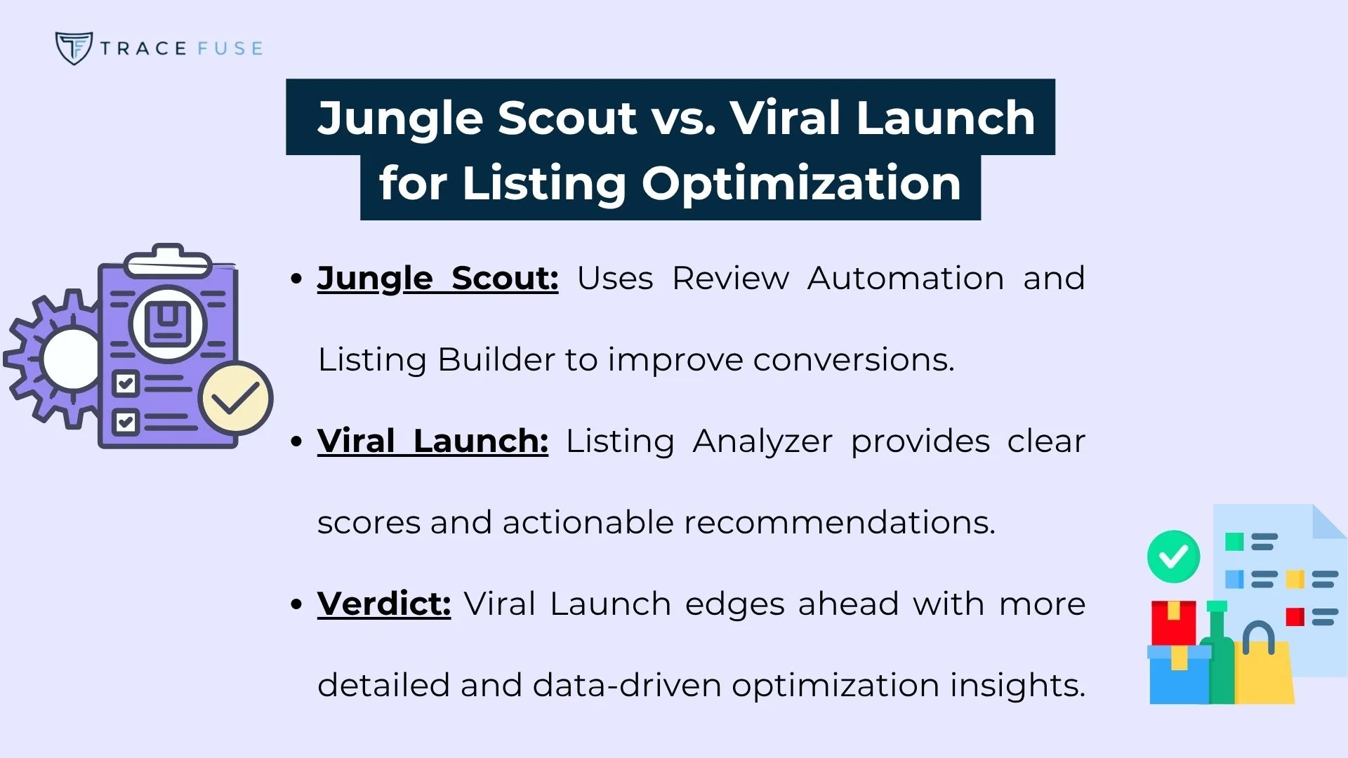 A comparison chart titled jungle scout vs. Viral launch for listing optimization lists features of jungle scout, viral launch, and a verdict, with icons and a blue header bar.