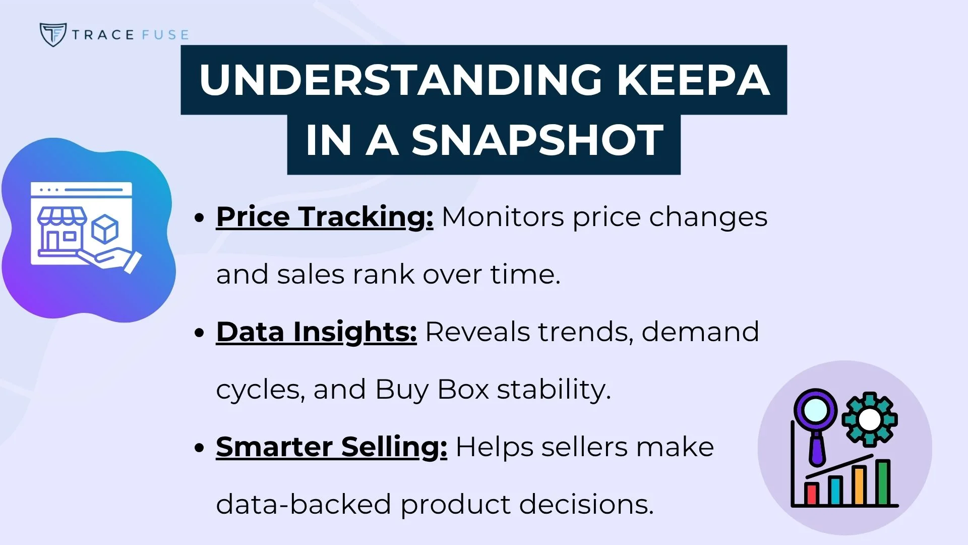 Infographic titled understanding keepa in a snapshot with three points: price tracking, data insights, and smarter selling, each describing how keepa helps monitor prices, analyze trends, and support sellers’ decisions.