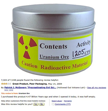 A metal tin labeled contents: uranium ore, activity: 1205 cpm, caution radioactive material with a radiation symbol. Below is an online review noting the product was empty, with user ratings and comments displayed.