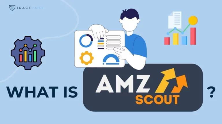 Illustration showing a person holding data charts, with icons of graphs and a gear, and the text what is amz scout? In large letters. The trace fuse logo is visible in the top left corner.