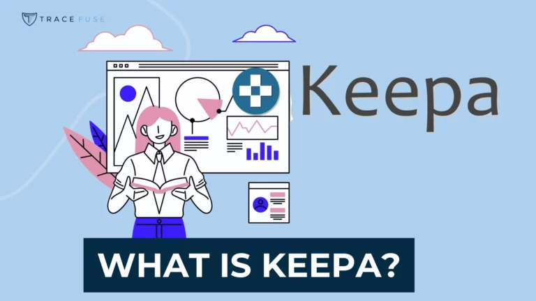 Illustration of a person holding a book, standing in front of data charts and graphs, with the word keepa and a plus symbol in the background. Text at the bottom reads “what is keepa? ” on a blue banner.