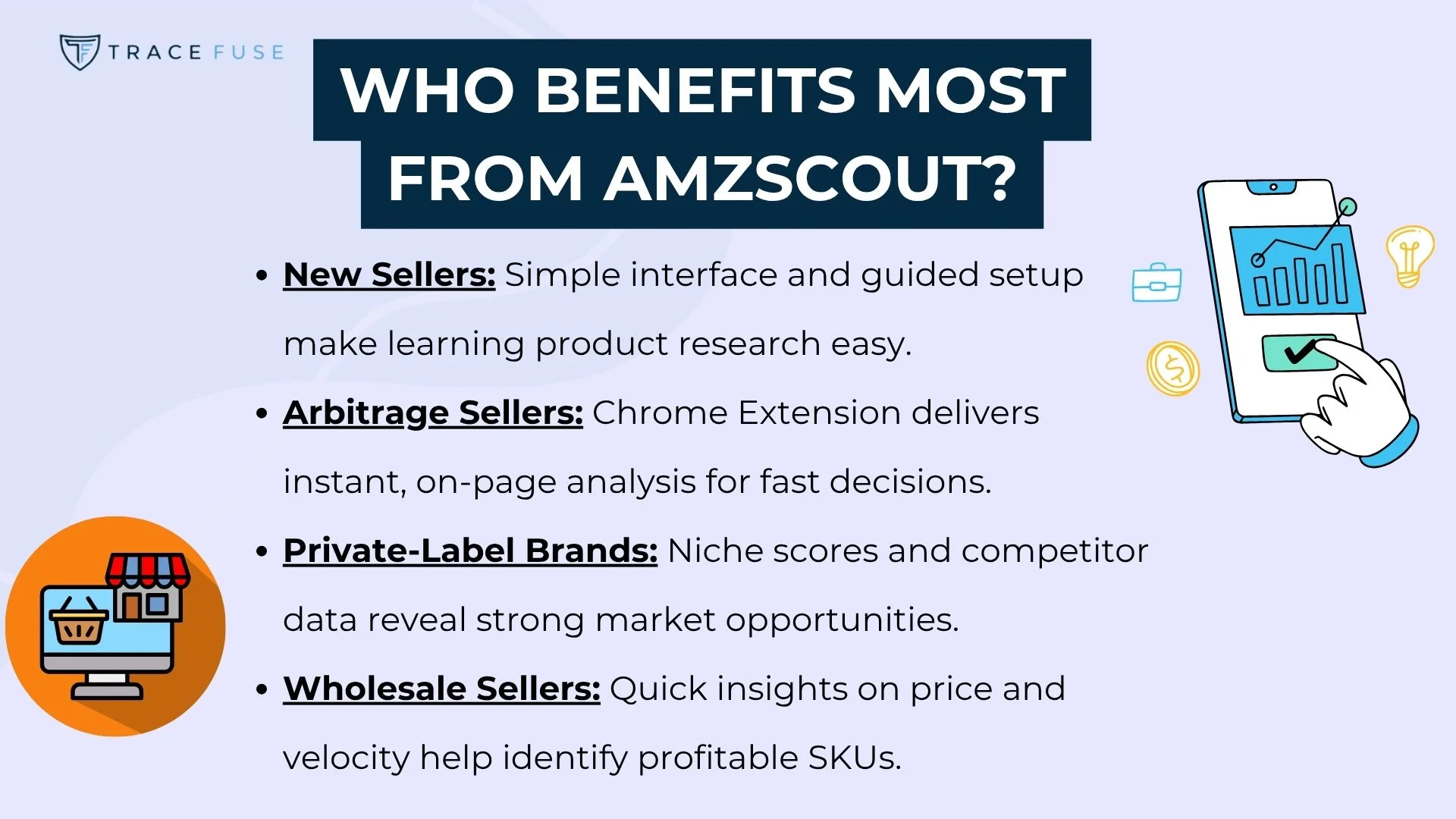 The image lists who benefits most from amzscout: new sellers, arbitrage sellers, private-label brands, and wholesale sellers, highlighting specific advantages for each group in simple text on a blue background.