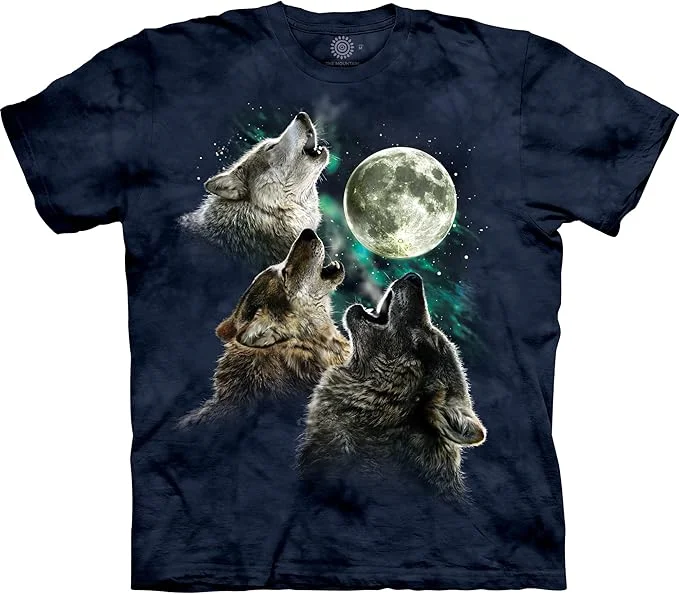 A black t-shirt featuring an image of three wolves howling at a large, glowing full moon with a night sky background that includes blue-green clouds or mist.