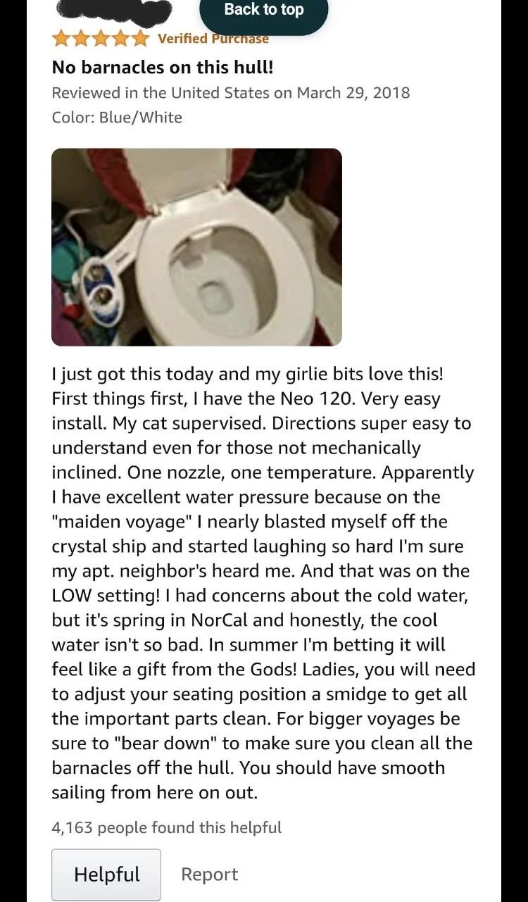 A product review features a photo of a white toilet. The review praises the product’s ease of use, efficiency, and cleaning ability, and describes the reviewer’s positive personal experience with it.