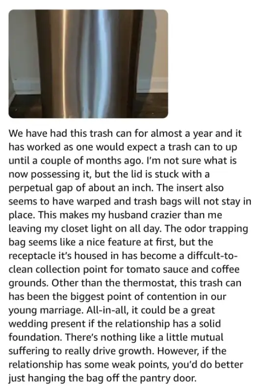 A stainless steel trash can stands against a wall. Below, text humorously describes the trash can’s many flaws and its impact on the writer’s marriage, joking it could test any relationship’s strength.